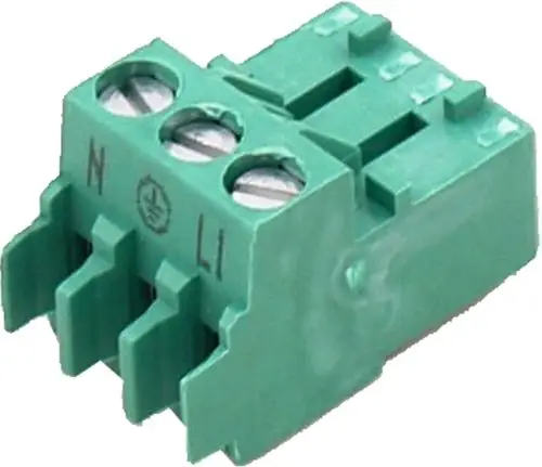 Gegenstecker in grün mit drei Anschlüssen, beschriftet mit N und L1, zur Verwendung in Regelungen, unter anderem für Wolf-Produkte.
